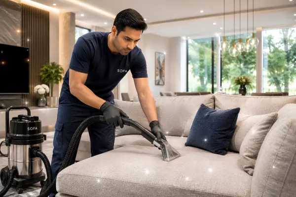Professional cleaning team performing deep sanitization of high-end sofa and furniture in Delhi NCR