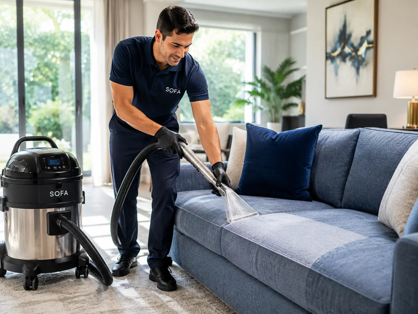 SofaClean professional cleaning team member in a dark navy blue uniform deep cleaning a fabric sofa at home