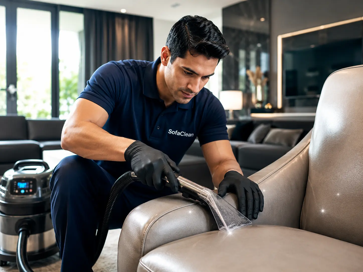 Close-up of a focused SofaClean staff member in a professional navy blue uniform sanitizing a luxury leather sofa