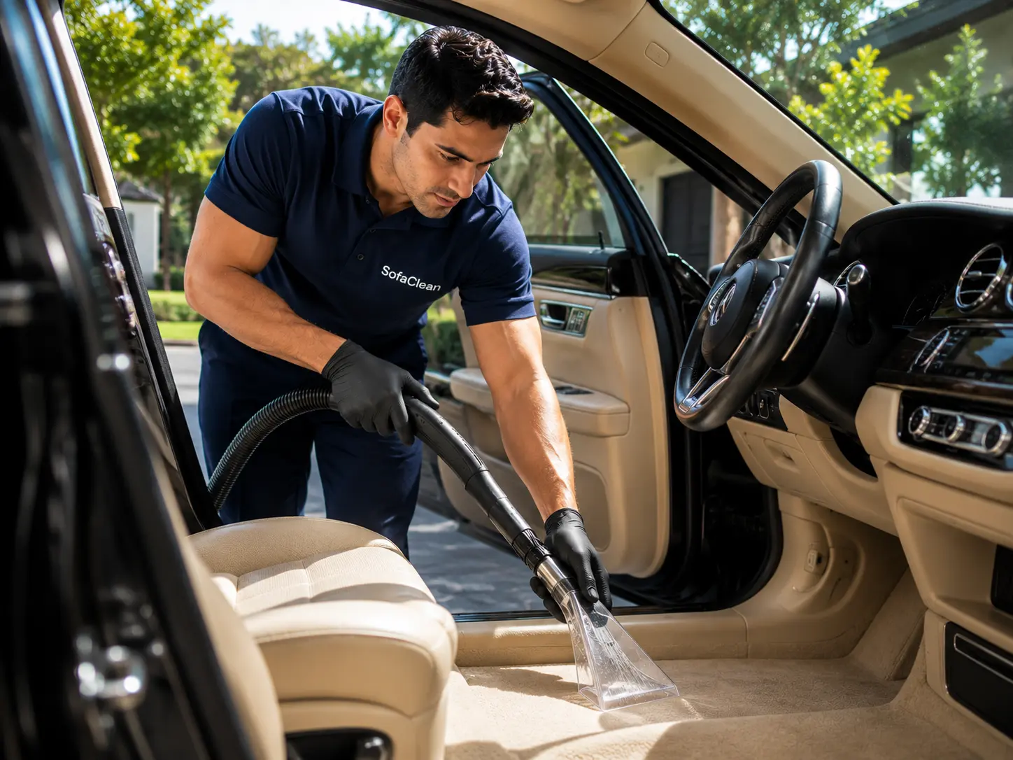 Focused SofaClean expert in uniform deep cleaning and vacuuming a luxury car interior