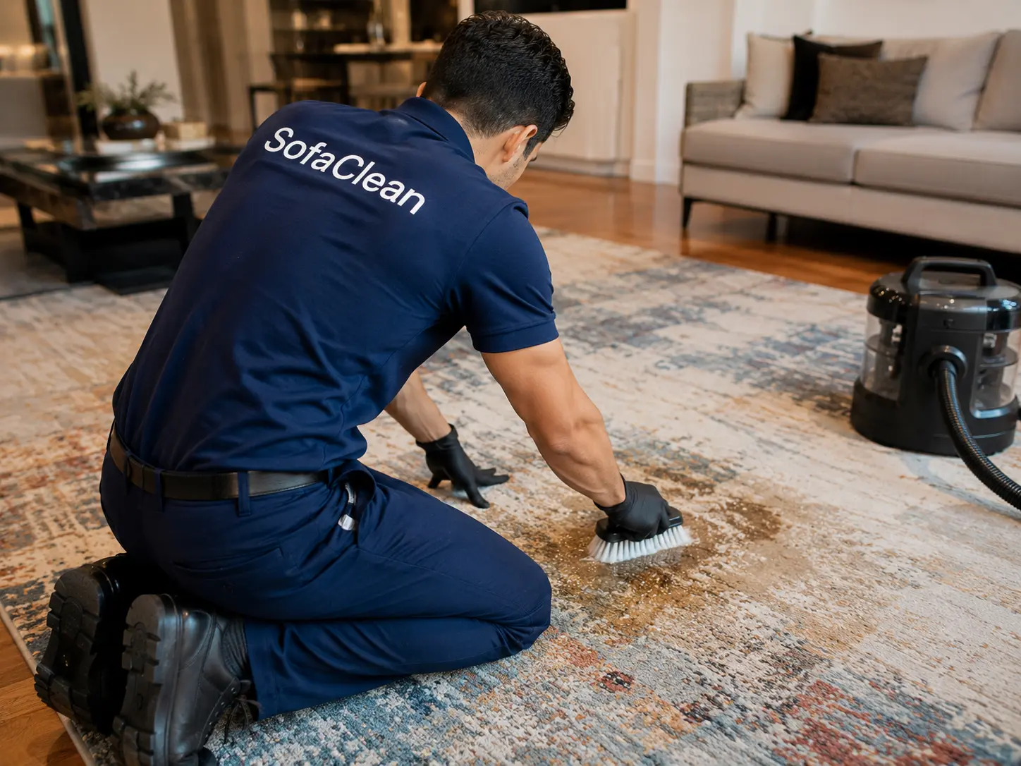 Focused SofaClean staff member in navy blue uniform sitting down and hand-scrubbing a tough carpet stain with a brush at a residential living room in Delhi NCR