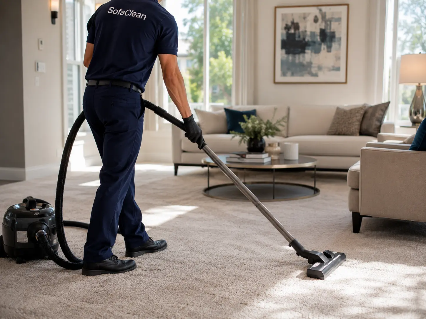 Focused SofaClean technician in uniform using a powerful home vacuum cleaner to deep clean and sanitize a plush residential carpet